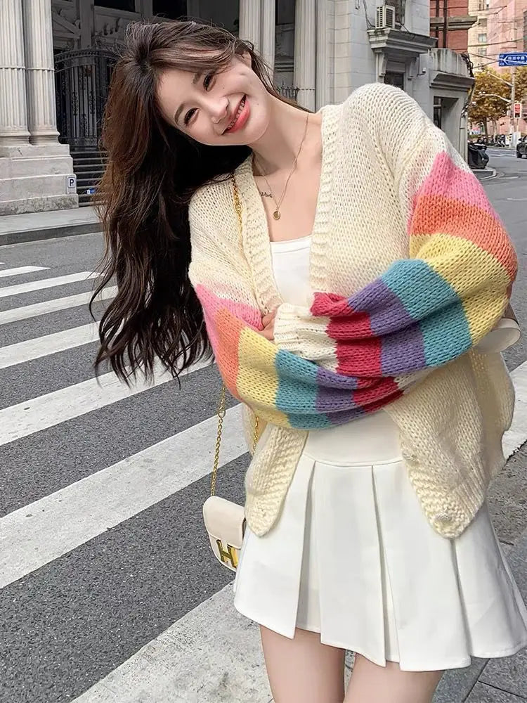 Knitted Cardigan Rainbow Contrasting Sweater