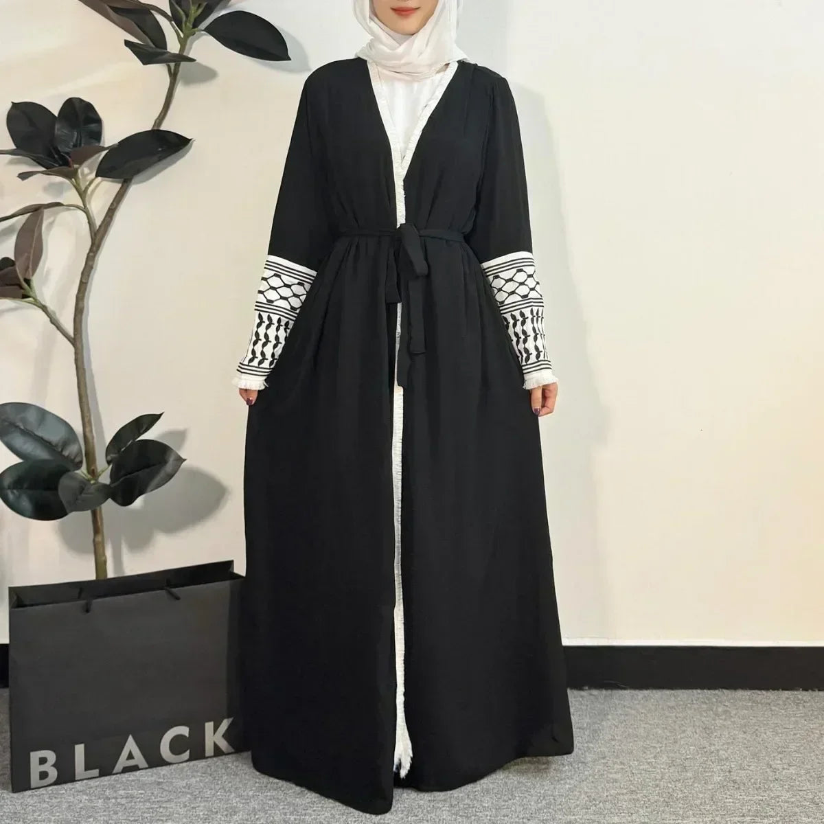 Tassel Embroidery Long Sleeve Open Front Abaya