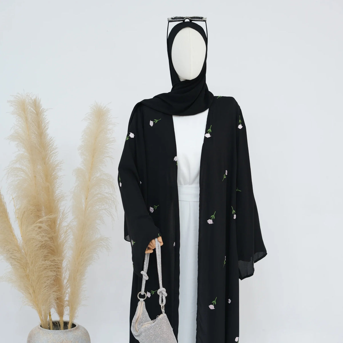 Black Embroidery Kimono Cardigan Abaya