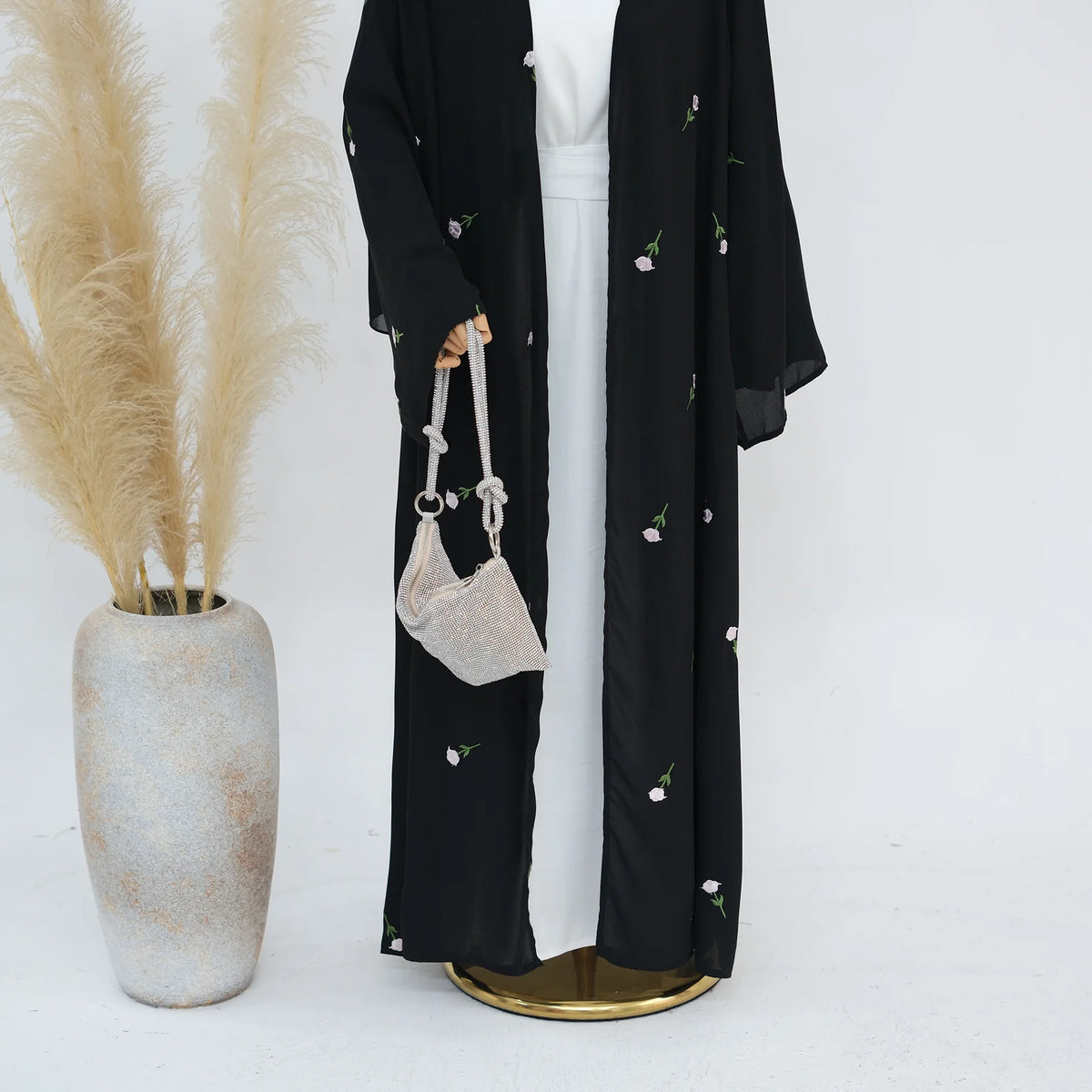 Black Embroidery Kimono Cardigan Abaya