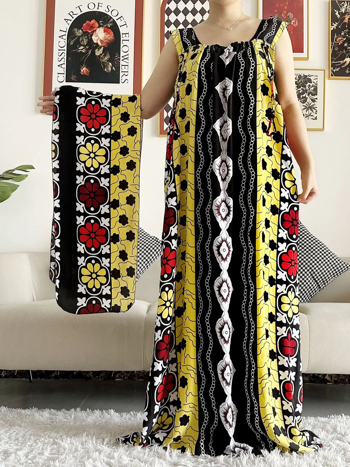 Sleeveless Everyday African Dashiki Cotton Abaya Dress with Scarf