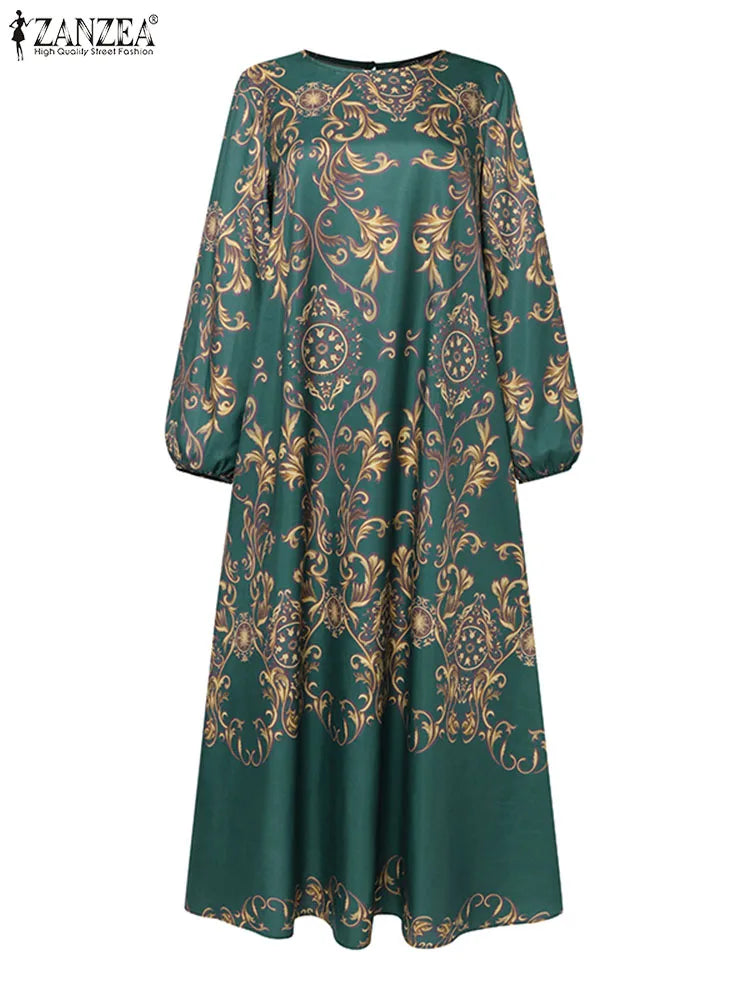 Floral Printed  Long Sleeve O-Neck Elegant Abaya