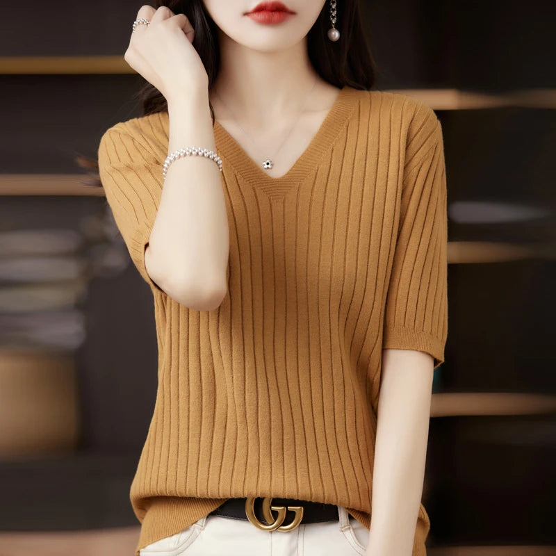 Women's Short Sleeve V-neck Knit Casual Sweater