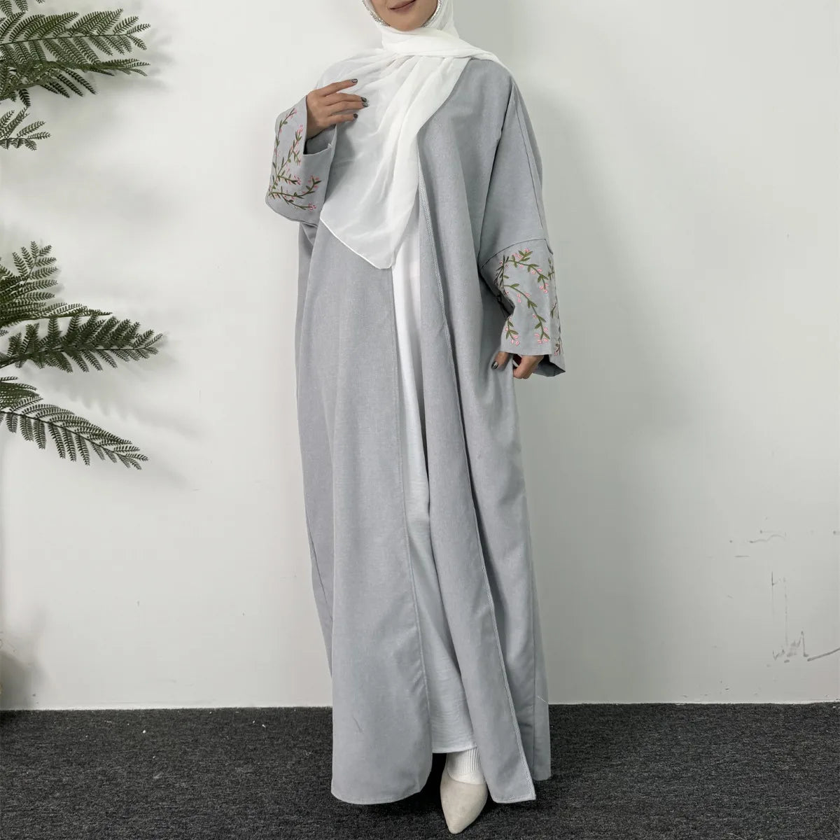 Long Sleeve Embroidery Open Front Abaya