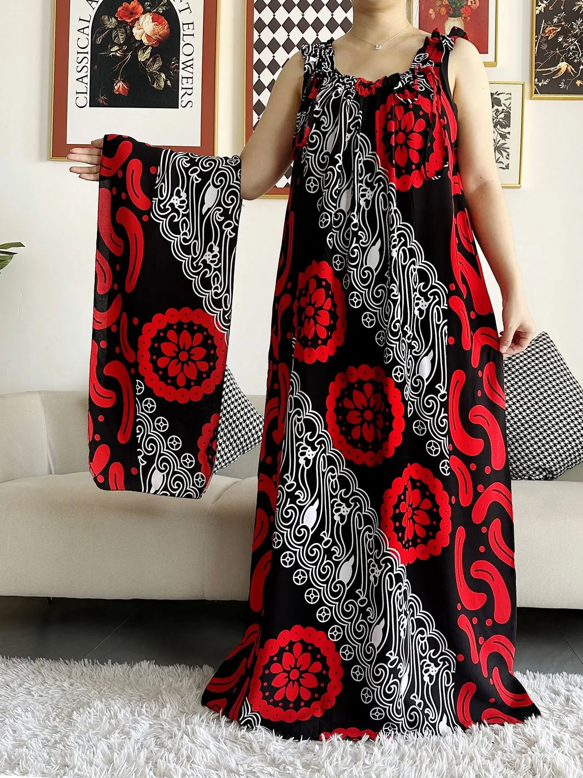 Sleeveless Everyday African Dashiki Cotton Abaya Dress with Scarf