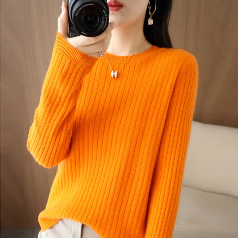 Women Long Sleeve Pullovers O-neck Stripe Sweaters