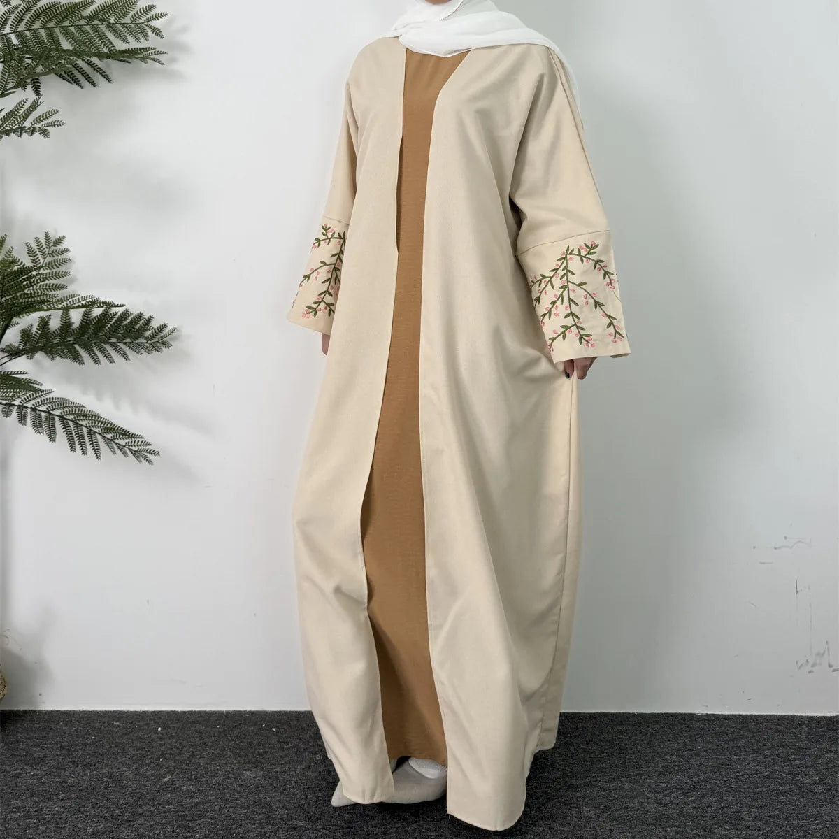 Long Sleeve Embroidery Open Front Abaya
