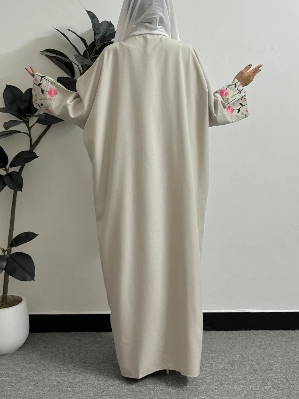 Long Sleeve Embroidery Floral Open Front Abaya