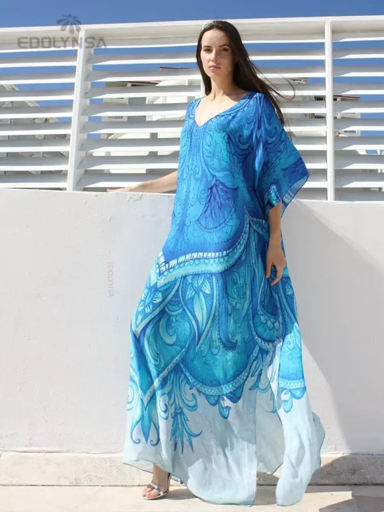 Boho Quick-drying Long Kaftan Burkini Cover-up Plus Size Summer Beachwear