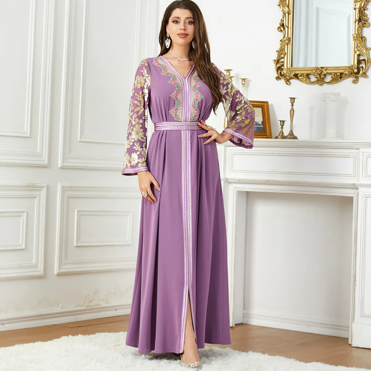 Velvet Long Sleeve V-Neck Belted Dress Jalabiyat Abaya