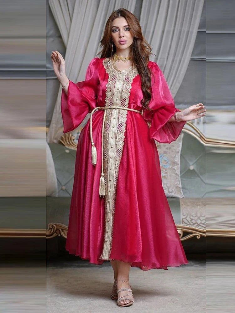 Plus Size Moroccan Kaftan Evening Dress with Embroidery and Lace