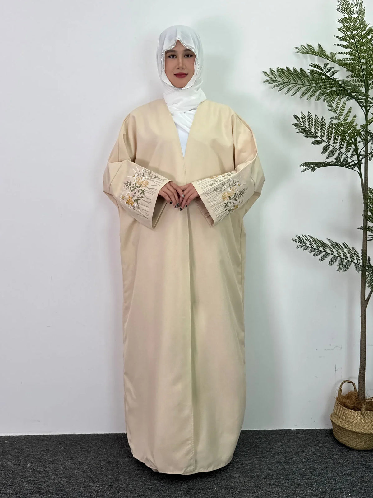 Open Front Abaya Embroidery Floral Long Sleeve