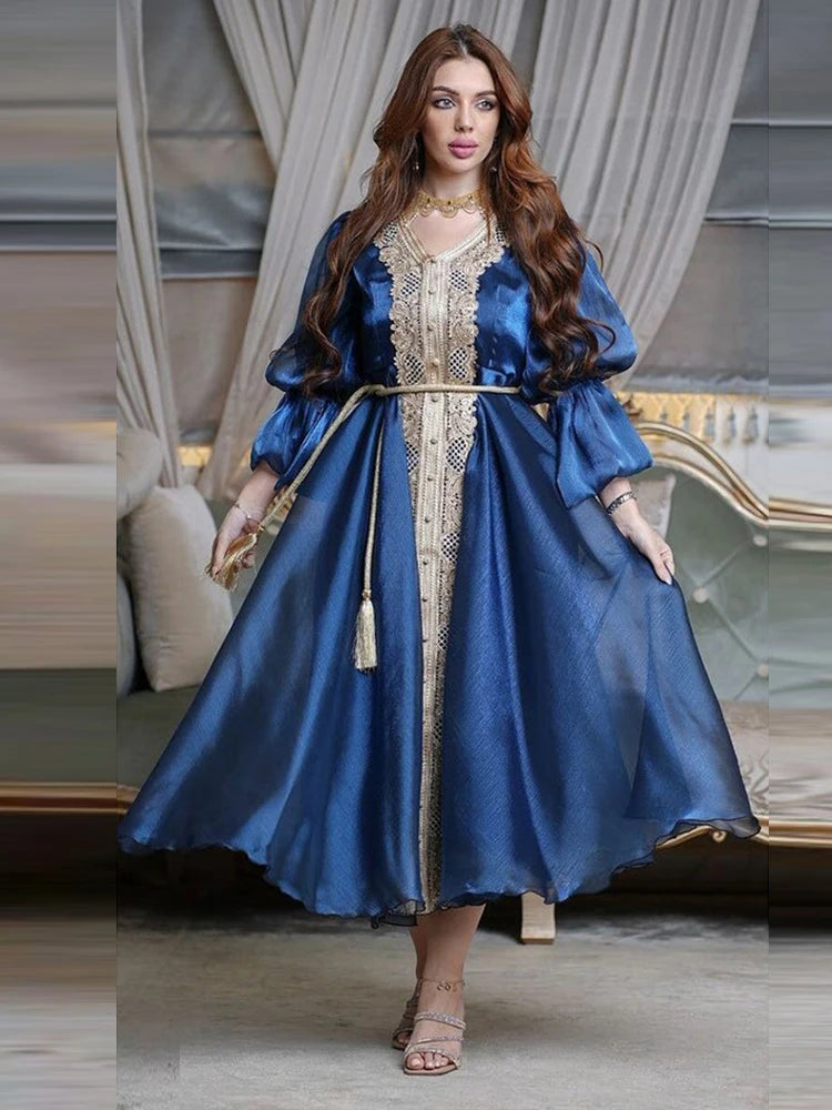 Plus Size Moroccan Kaftan Evening Dress with Embroidery and Lace