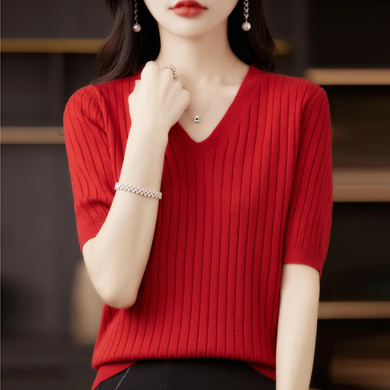 Women's Short Sleeve V-neck Knit Casual Sweater