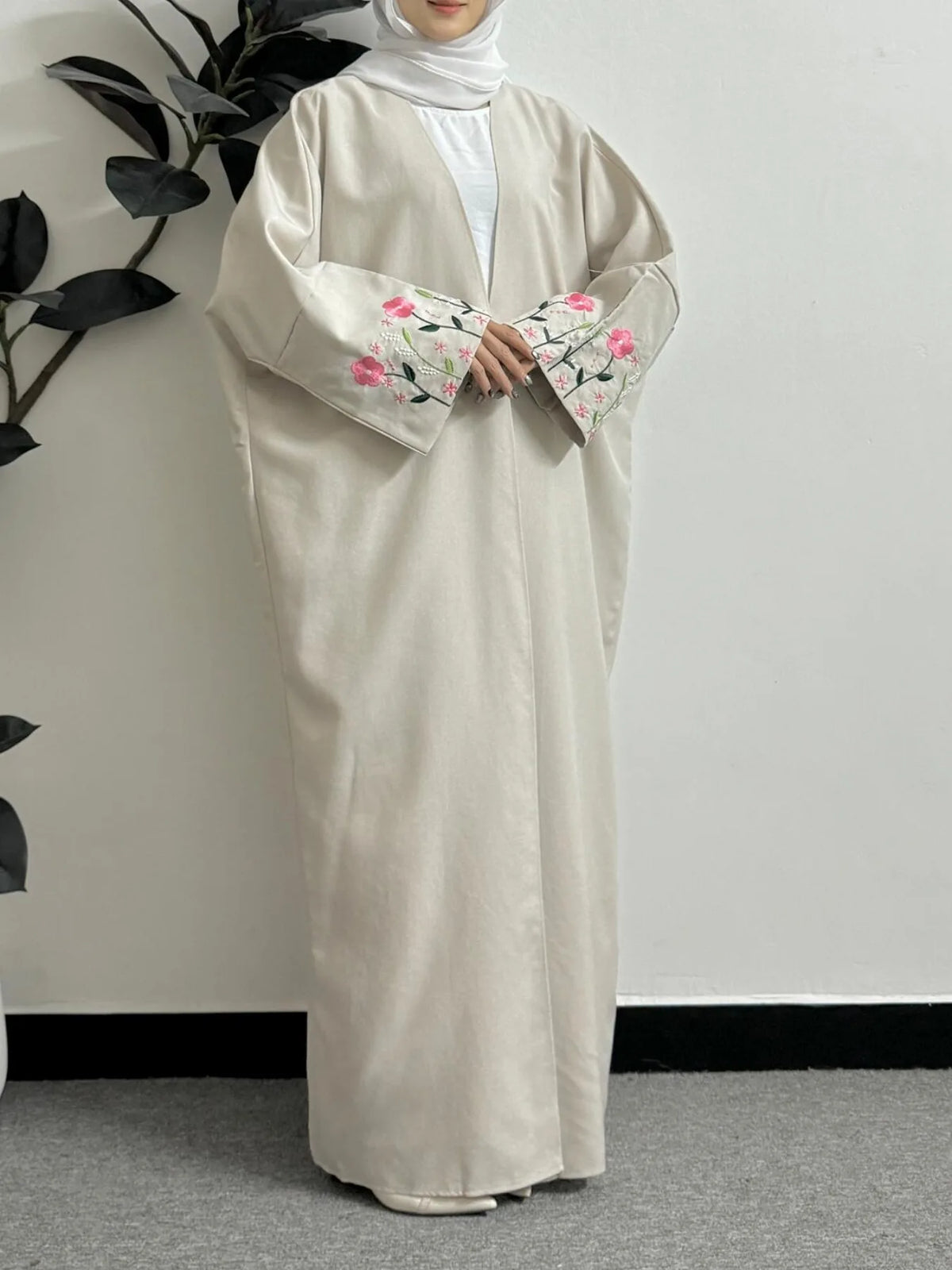 Long Sleeve Embroidery Floral Open Front Abaya