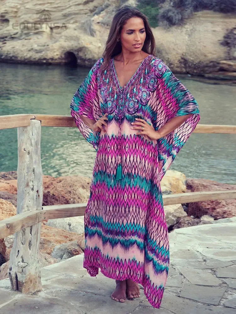 Boho Quick-drying Long Kaftan Burkini Cover-up Plus Size Summer Beachwear