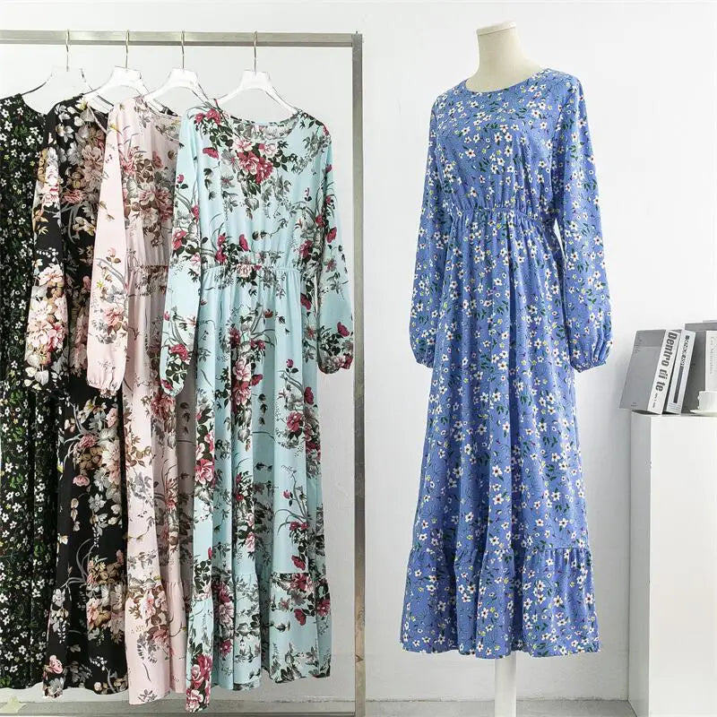 Chiffon Floral Printed Crinkling O-neck Long Sleeve Maxi Dress