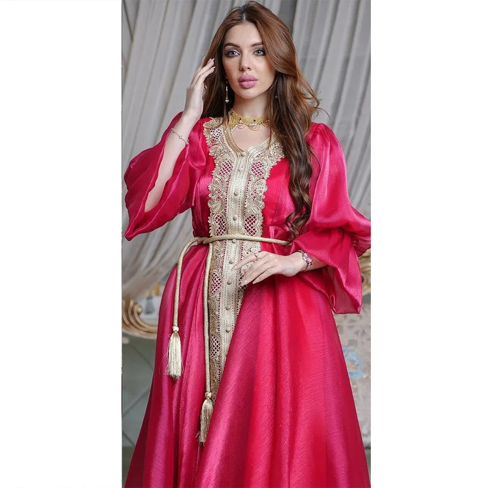 Plus Size Moroccan Kaftan Evening Dress with Embroidery and Lace