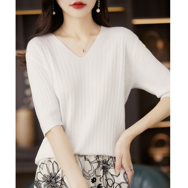 Women's Short Sleeve V-neck Knit Casual Sweater