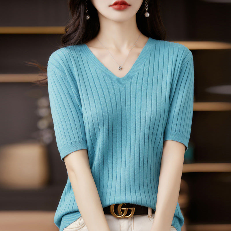 Women's Short Sleeve V-neck Knit Casual Sweater