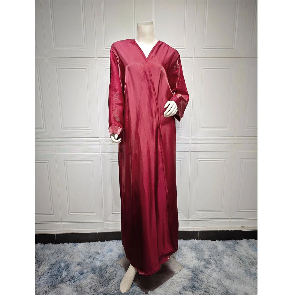 Shiny Satin Morocco Kimono Abaya Dress for Muslim Women Caftan