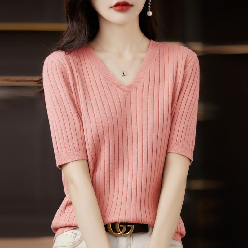 Women's Short Sleeve V-neck Knit Casual Sweater