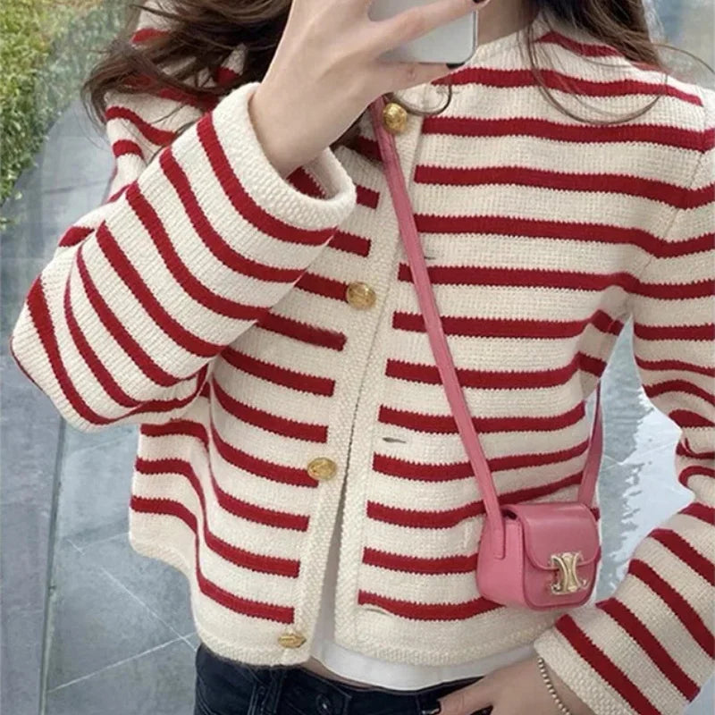 Row metal buckle striped knitted pocket sweater