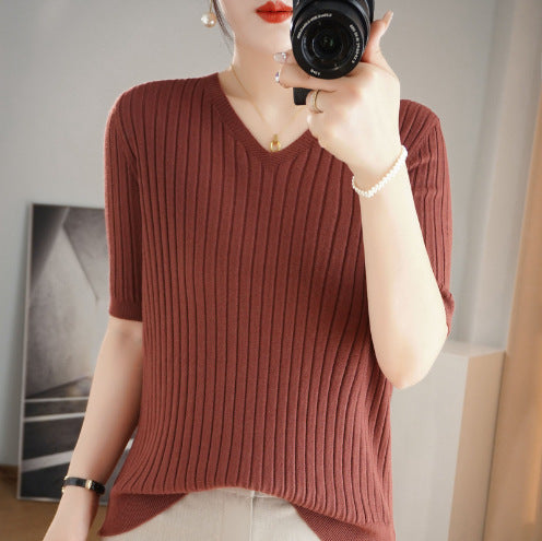 Women's Short Sleeve V-neck Knit Casual Sweater