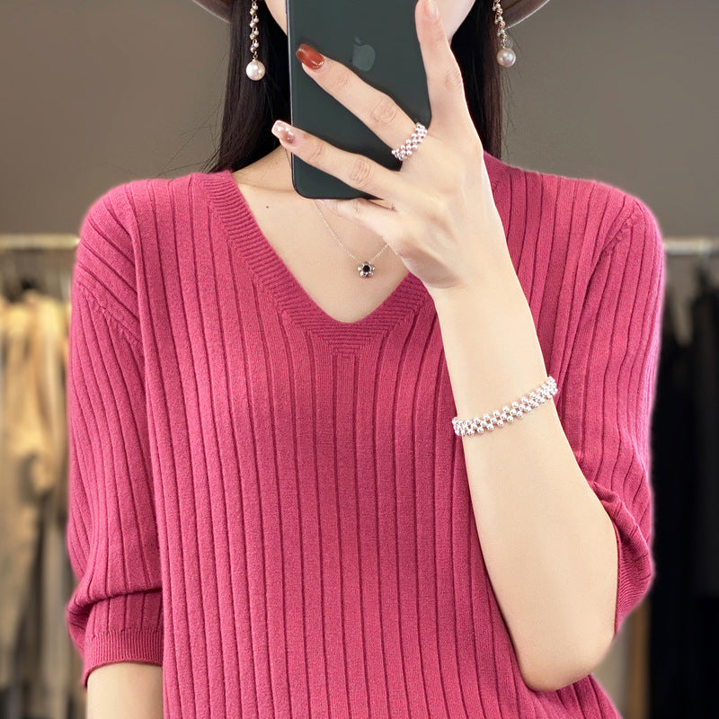 Women's Short Sleeve V-neck Knit Casual Sweater