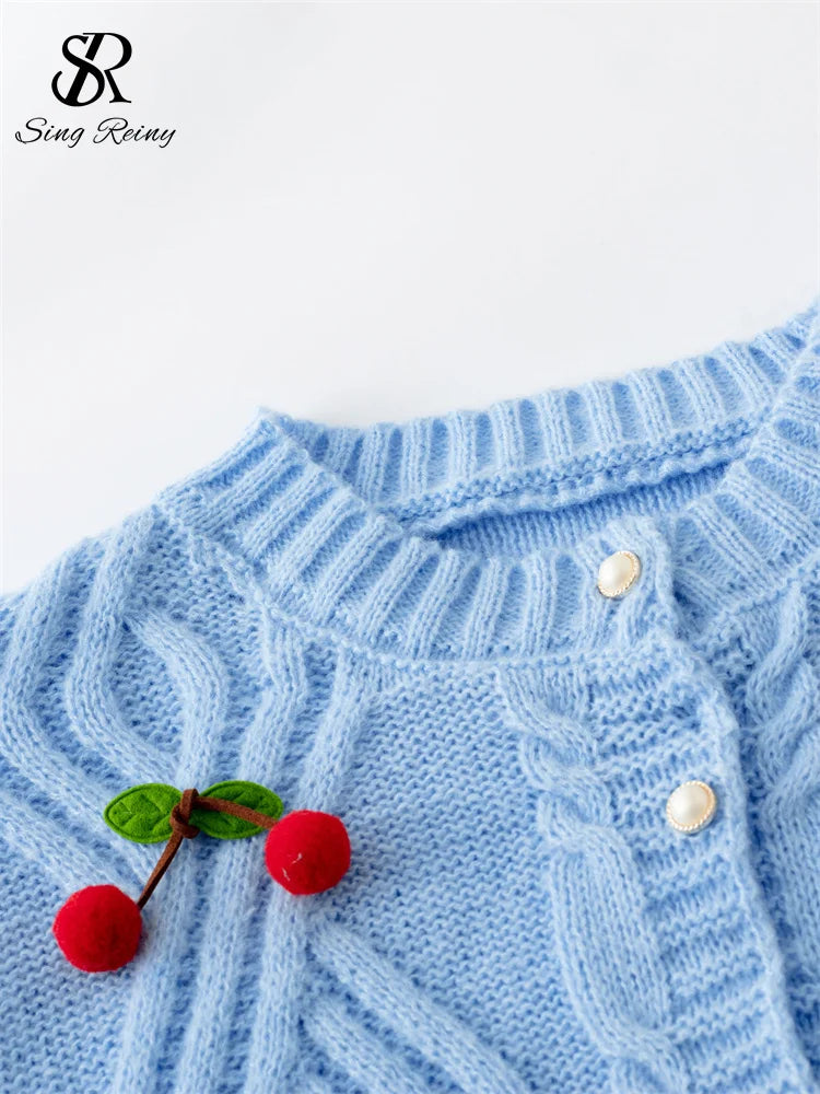 3D Cherry O-Neck Long Sleeves Pearl Button Knitwear Sweater