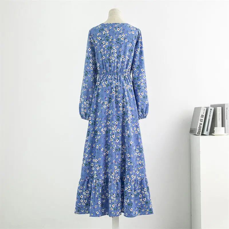 Chiffon Floral Printed Crinkling O-neck Long Sleeve Maxi Dress