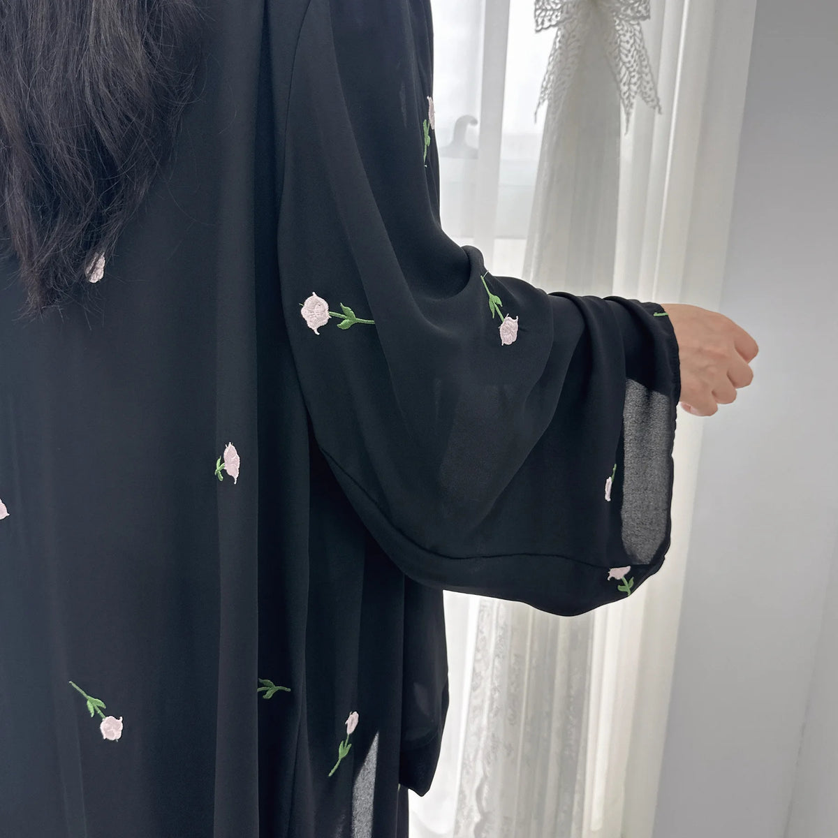 Black Embroidery Kimono Cardigan Abaya