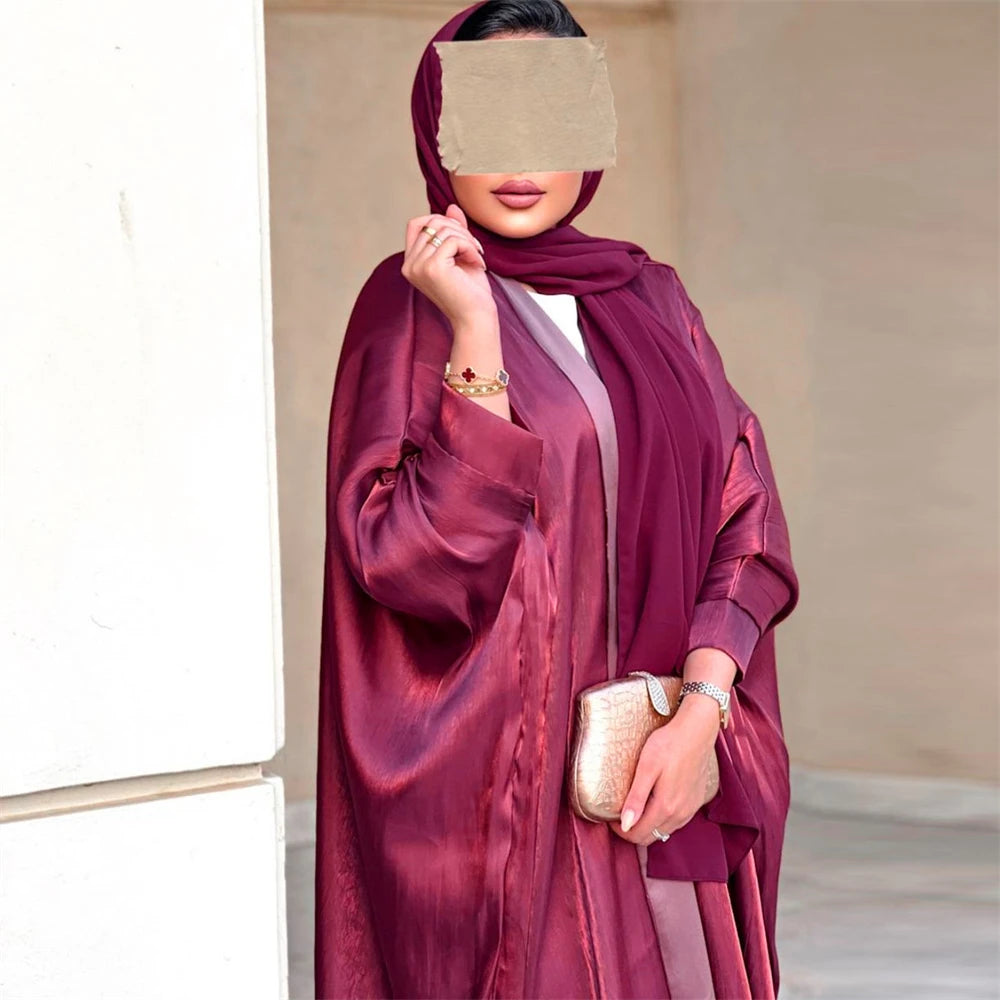 Shiny Satin Morocco Kimono Abaya Dress for Muslim Women Caftan