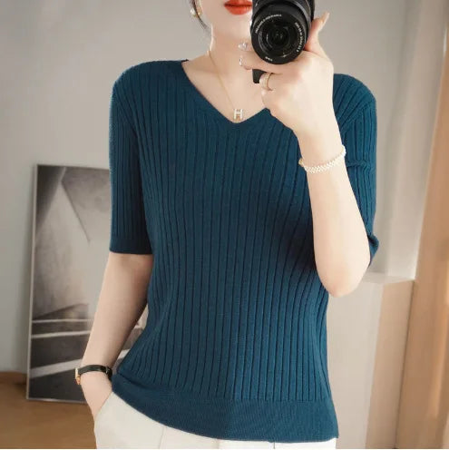 Women's Short Sleeve V-neck Knit Casual Sweater