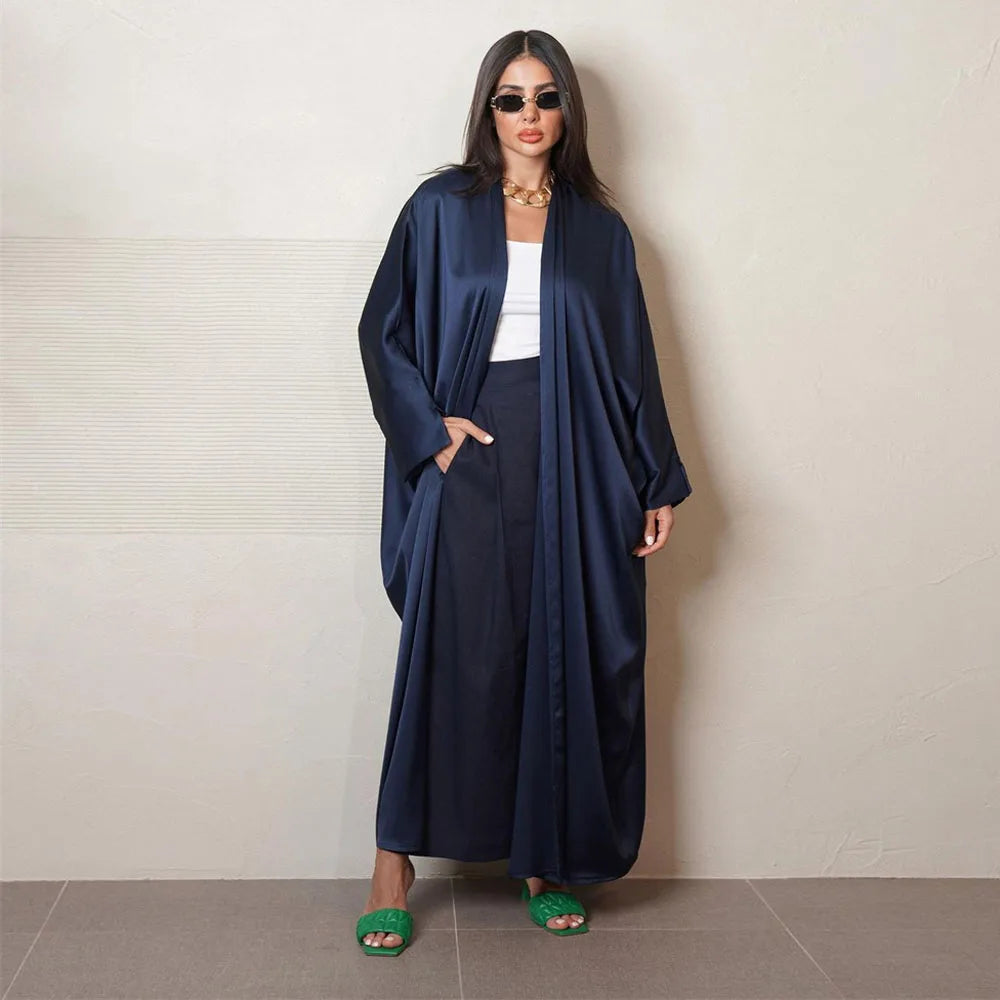 Moroccan  Silk  Satin  Bat Sleeve Open Abaya
