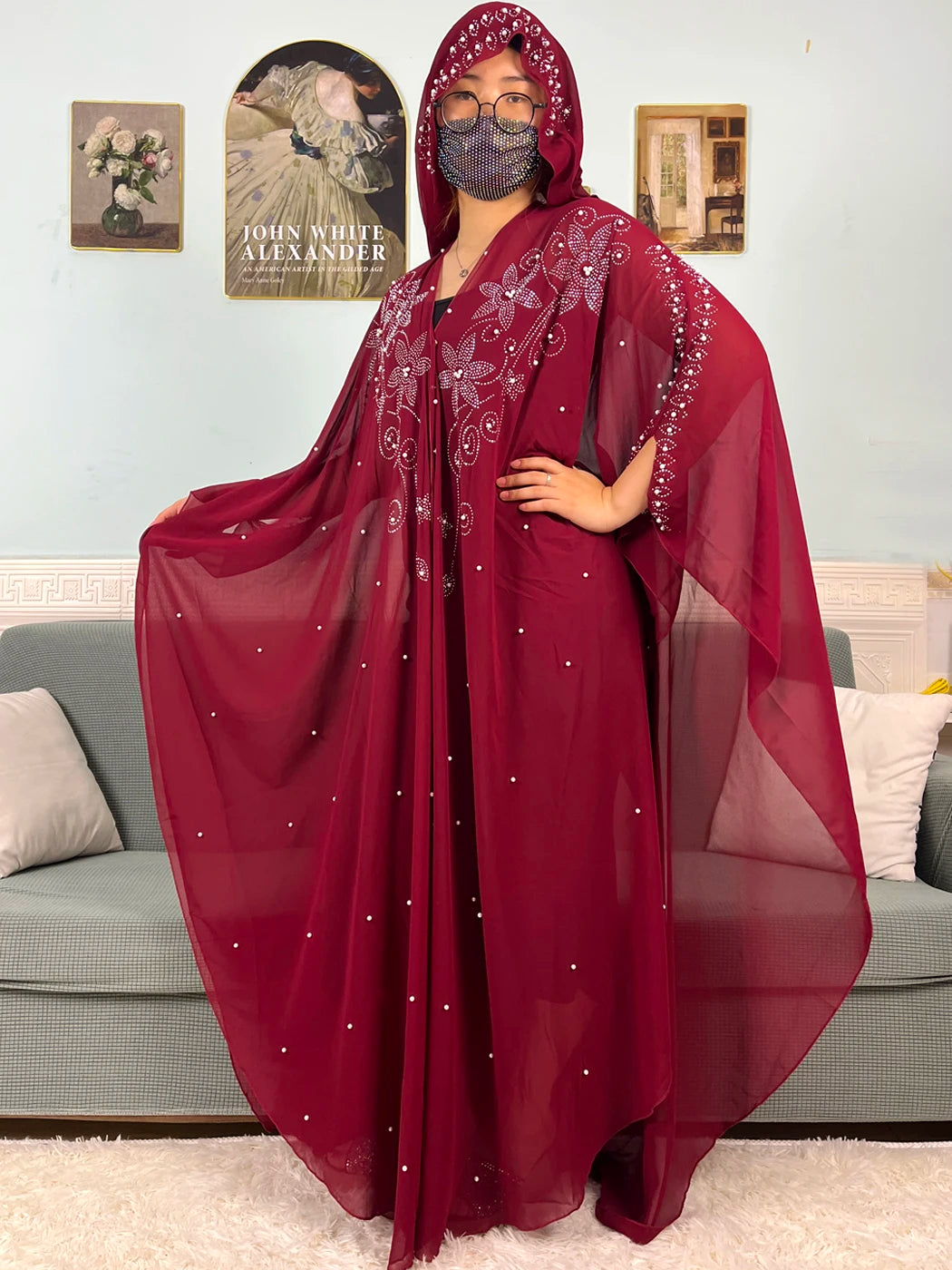 Chiffon Beading Set Diamonds Open Abaya