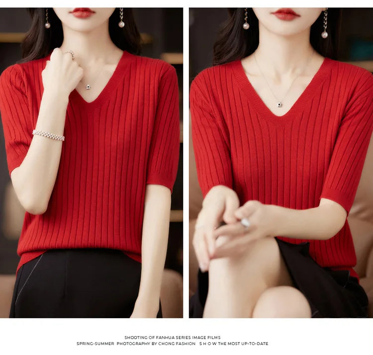 Women's Short Sleeve V-neck Knit Casual Sweater