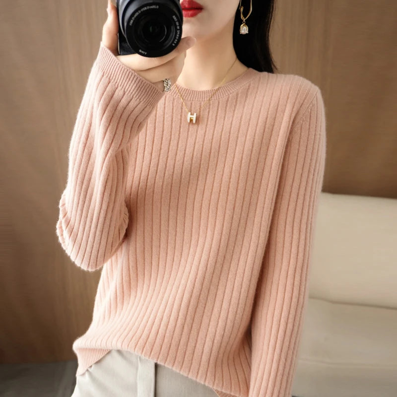 Women Long Sleeve Pullovers O-neck Stripe Sweaters