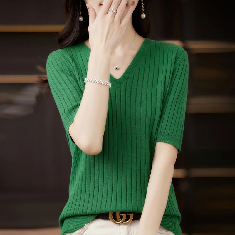 Women's Short Sleeve V-neck Knit Casual Sweater