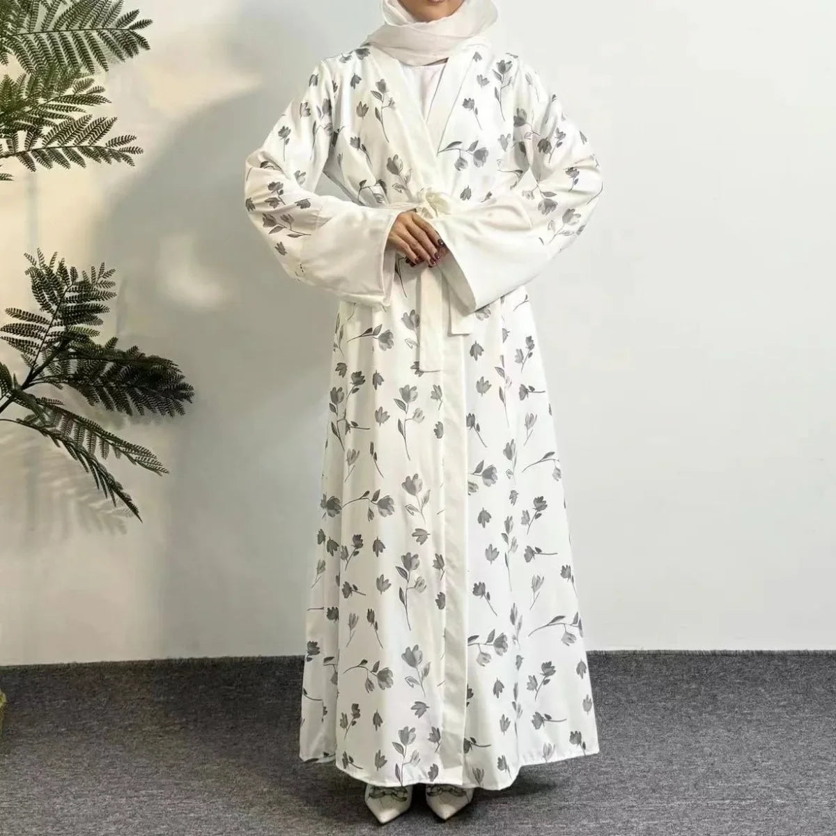 Printed Floral Open Front Abaya With Belt