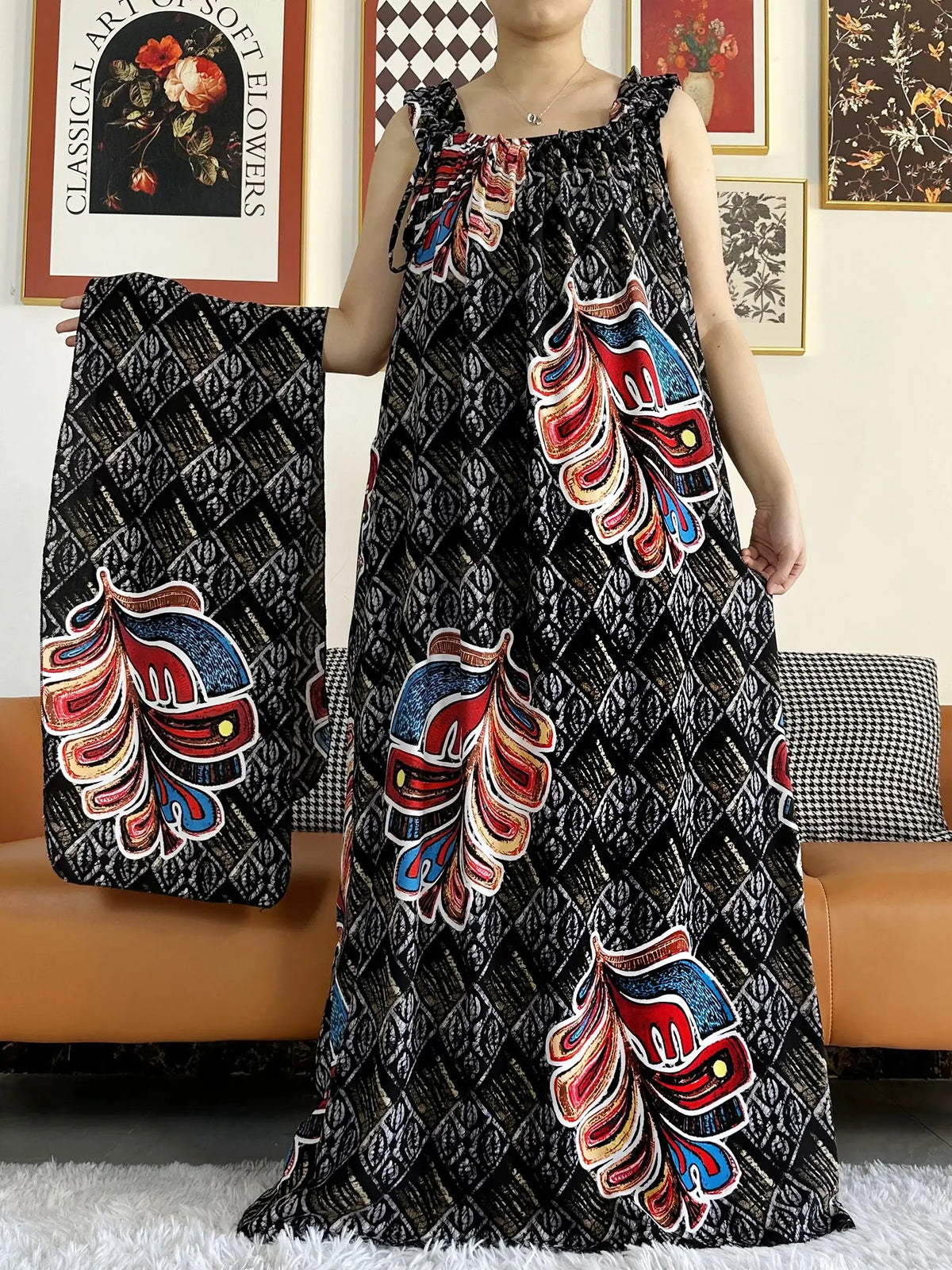 Sleeveless Everyday African Dashiki Cotton Abaya Dress with Scarf