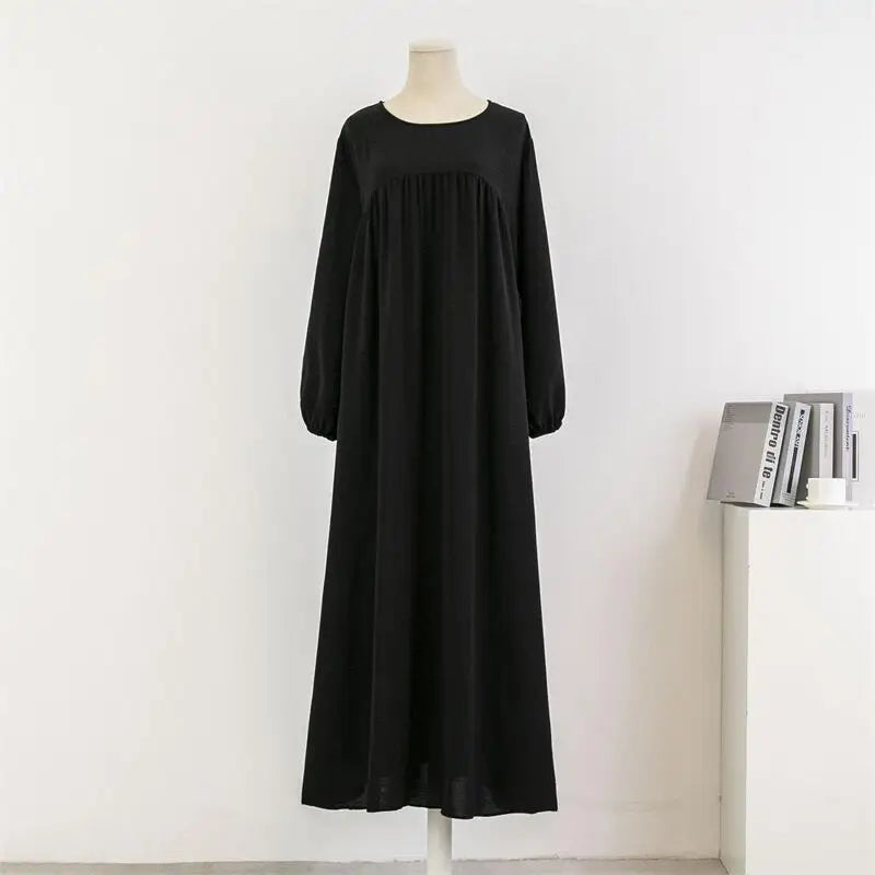 Full Sleeve Casual Solid Pockets Loose Maxi Dress