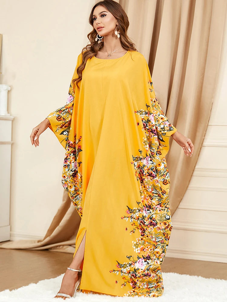 Yellow Robe Bat Sleeves Dubai Muslim Caftan Dress for Eid