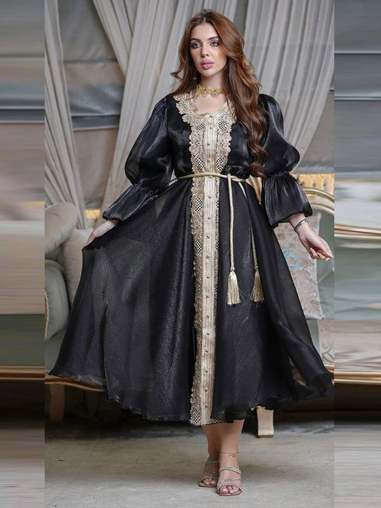 Plus Size Moroccan Kaftan Evening Dress with Embroidery and Lace