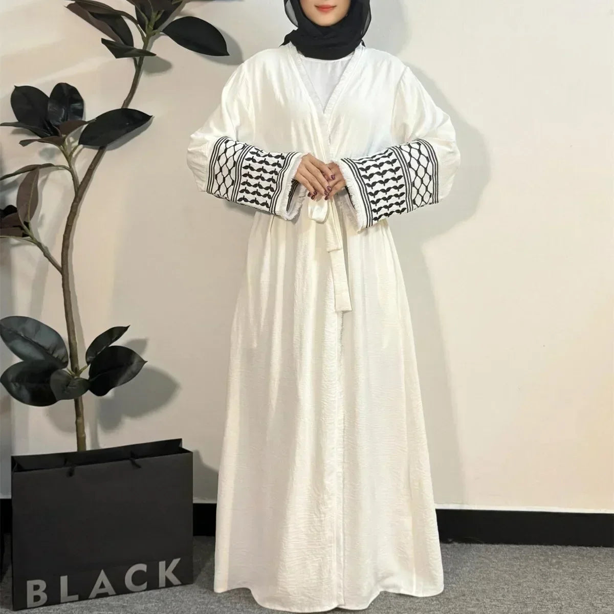 Tassel Embroidery Long Sleeve Open Front Abaya