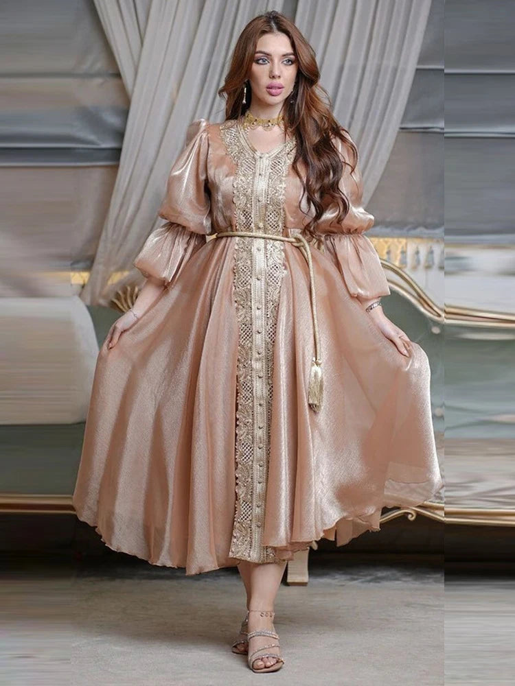 Plus Size Moroccan Kaftan Evening Dress with Embroidery and Lace