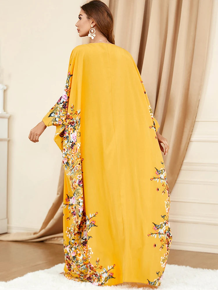 Yellow Robe Bat Sleeves Dubai Muslim Caftan Dress for Eid