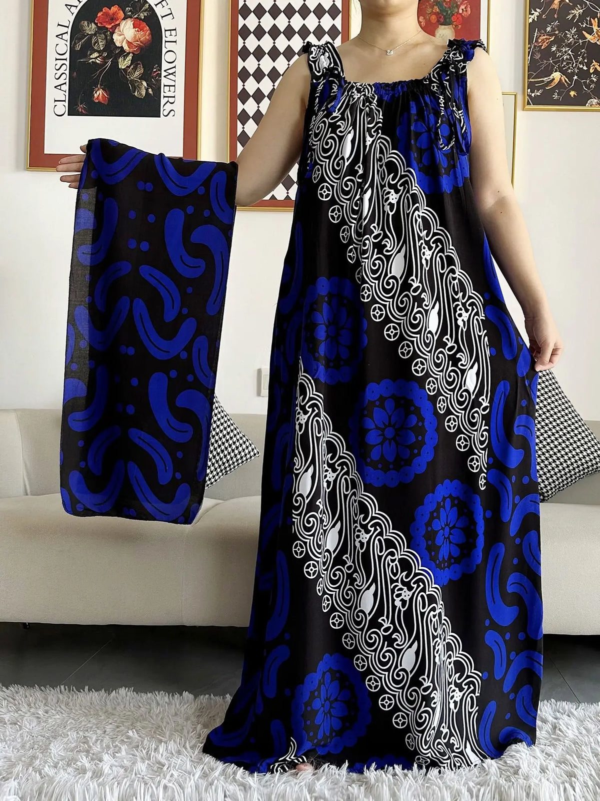 Sleeveless Everyday African Dashiki Cotton Abaya Dress with Scarf