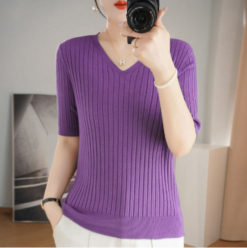 Women's Short Sleeve V-neck Knit Casual Sweater