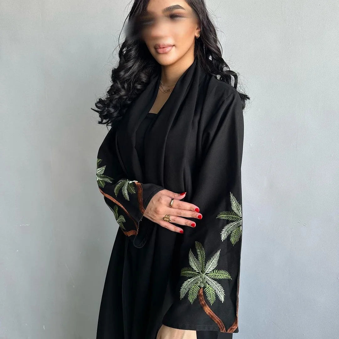 Black Casual Open Kimono Abaya Embroidery Long Sleeve